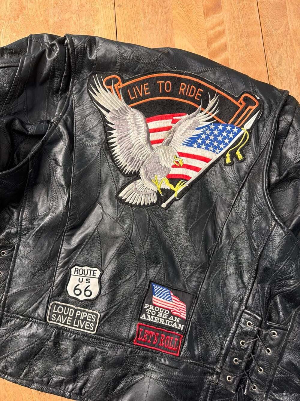 Vintage Diamond Plate Buffalo Leather Motorcycle Jacket with Eagle and Flag Patc